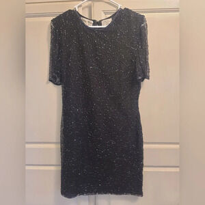 Vintage Silky Nites NY Black Sheer Sleeves Silk Beaded Dress